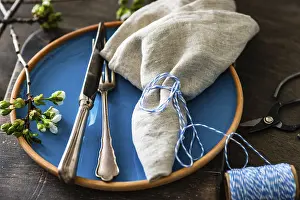 Country Style Table Decor Impressions: Spring table setting in rustic style decorated with cherry bloom tree branches