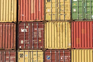 European Freight Terminal Impressions: Stack of containers in yellow, red