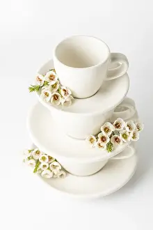 Spring Floral Arrangement Impressions: Stack of elegant white teacups and plates