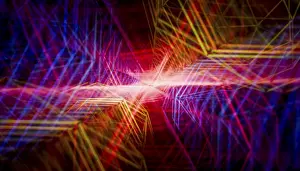 Geometric Pattern Design Impressions: A striking 3D-rendered visualization featuring interlacing geometric patterns and intense multi-colored light