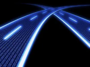 Data Transmission Impressions: Stylized glowing blue highway with binary code