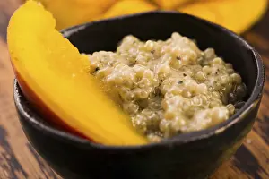 No People Eating Food Impressions: Tapioca pudding with slices of mango