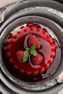 Raspberry Dessert Impressions: Vanilla pudding with raspberry and raspberry sauce