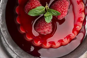 Raspberry Dessert Impressions: Vanilla pudding with raspberry and raspberry sauce