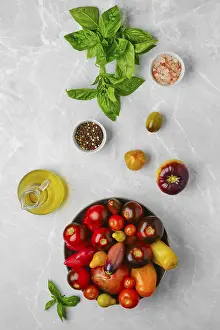 Fresh Fruit And Vegetable Selection Impressions: Vertical composition with various types of tomatoes