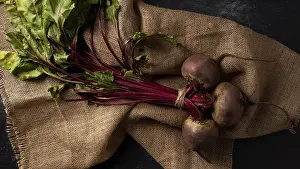Root Vegetable Photography Impressions: Top view beets sack