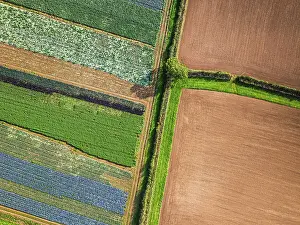 British Countryside Landscape Impressions: Top down view over fields from a drone