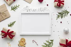 Fashion Model Impressions: Top view frame on a table with mock up