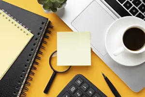 Deserted Office Space Impressions: Top view office desk composition with empty post it