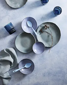 Modern Table Setting Impressions: Top view of a stylish ceramic tableware set