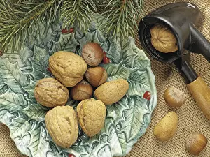Indoor Christmas Decor Impressions: Walnuts, almonds, hazelnuts, nutcracker