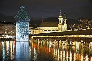 Chapel Bridge At Dusk Impressions: Wassertum with light installation