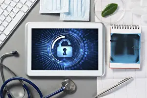 Healthcare System Symbolic Impressions: Web security and technology concept with tablet pc on table