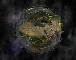 Computer Graphic Globe Impressions: World globe and binary code