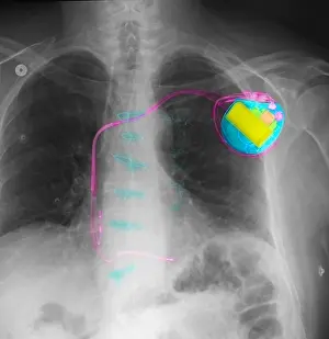 Impression encadrée : Pacemaker. Radiographie de poitrine colorée montrant un pacemaker Impression encadrée : Pacemaker. Radiographie de poitrine colorée montrant un pacemaker